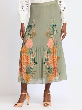 🆕 Pleated Floral Sage Green Midi Skirt Women’s Size Small